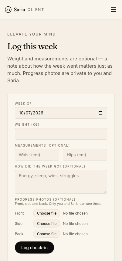 Logging a weekly check-in on the Elevate client portal on a phone