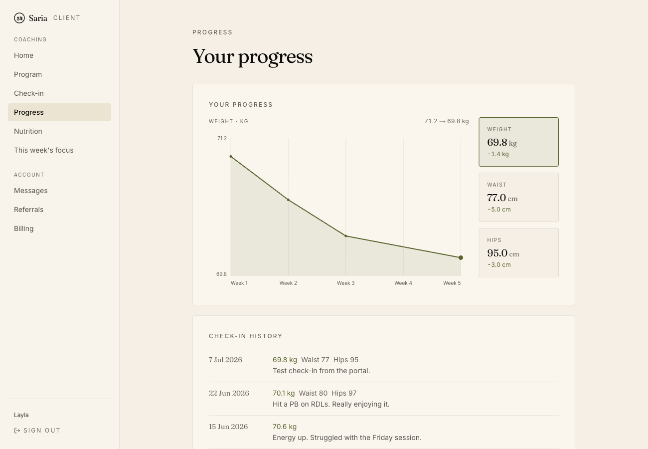 The Elevate client portal showing a member's weight progress chart and check-in history